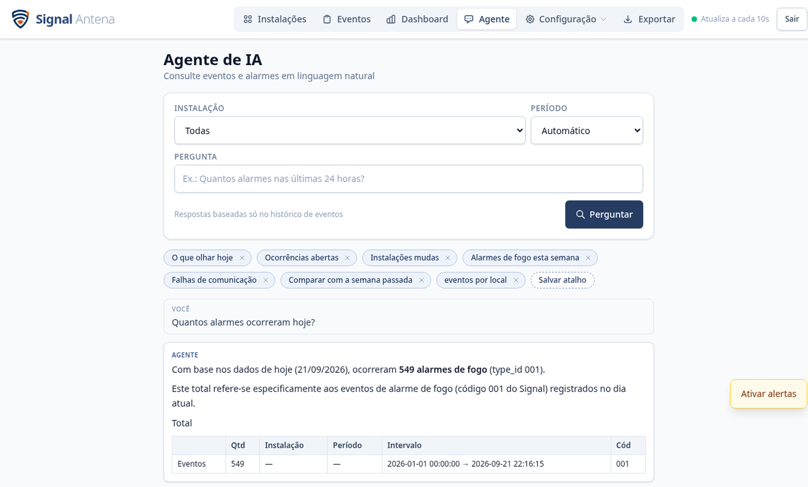 Exemplo: pergunta e resposta do Agente sobre alarmes