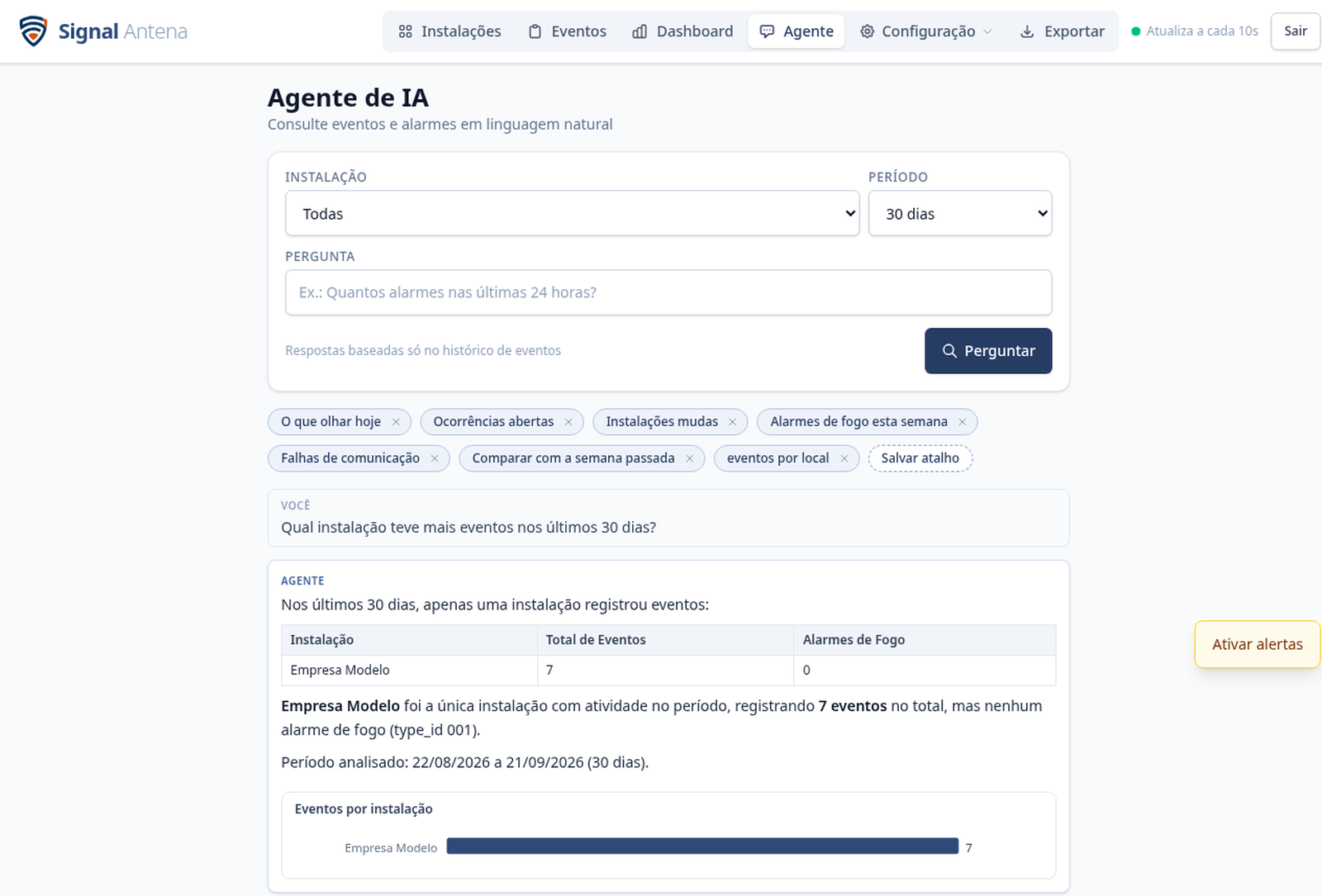 Exemplo: instalação com mais eventos